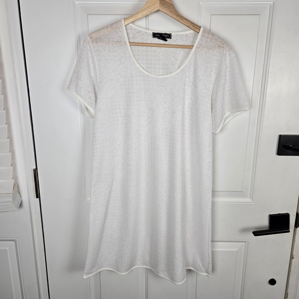 Halston Mini Dress White Lace Swim Cover Women Medium Short Sleeve Casual Sheer